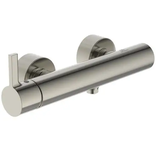 Brausearmatur von Ideal Standard in gebürstetem Nickel, mit einem runden Tragegriff und zwei wandmontierten Anschlusskappen.